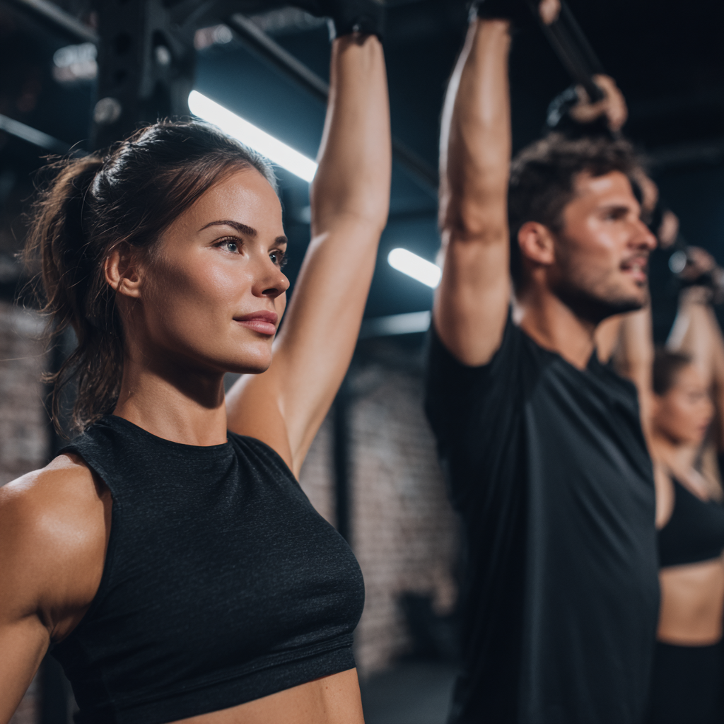 Grup de adulți români zâmbitori de vârste diferite într-o sală de fitness modernă, antrenându-se cu echipamente profesionale